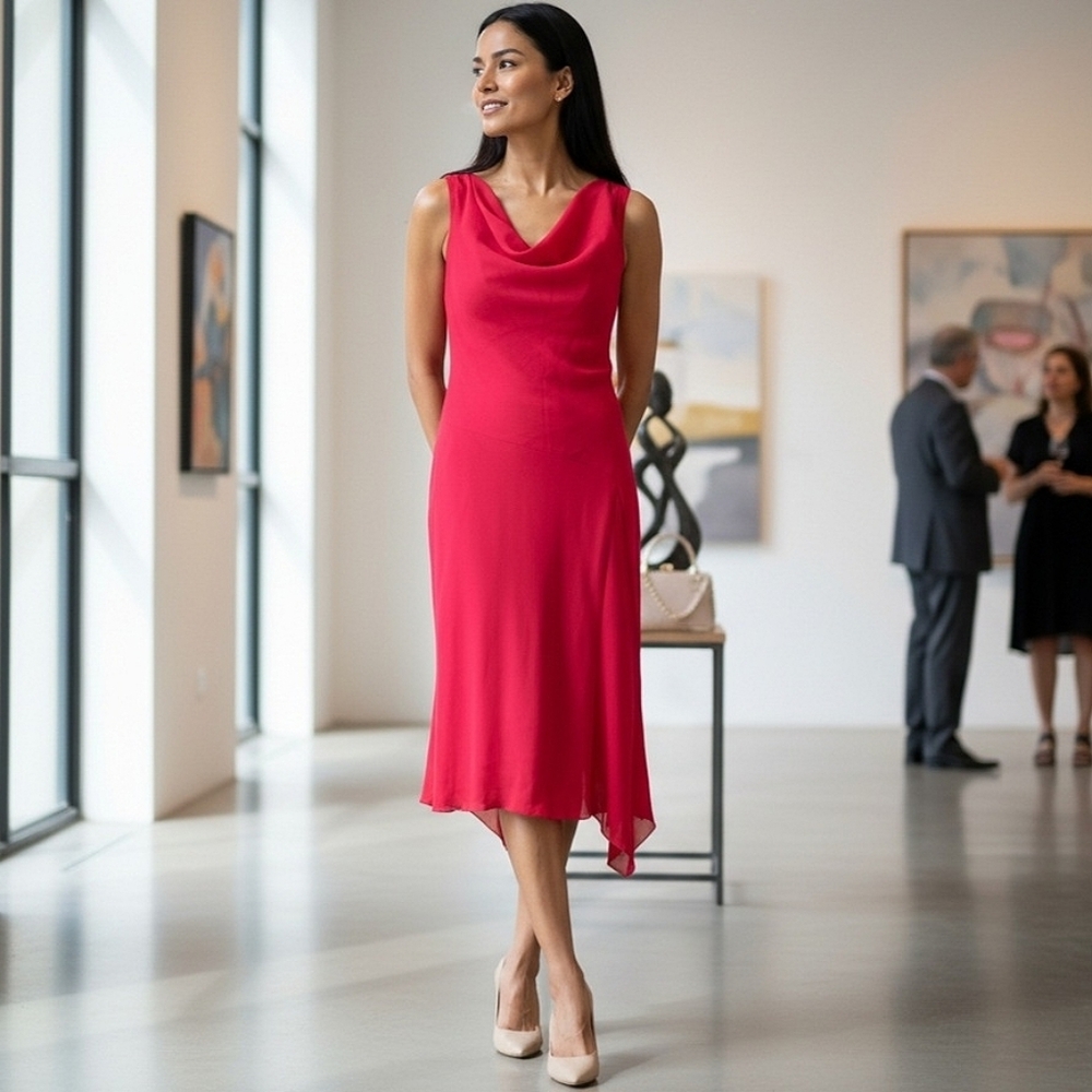 Cowl Neck Midi Dress | Sleeveless | Asymmetrical Hem | Draped Neckline Red Sz 8